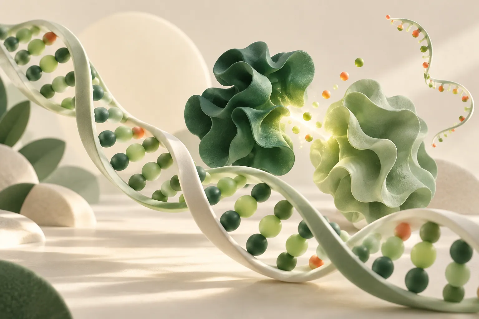 Conceptual illustration of a DNA ribbon beside abstract enzyme shapes in green and cream
